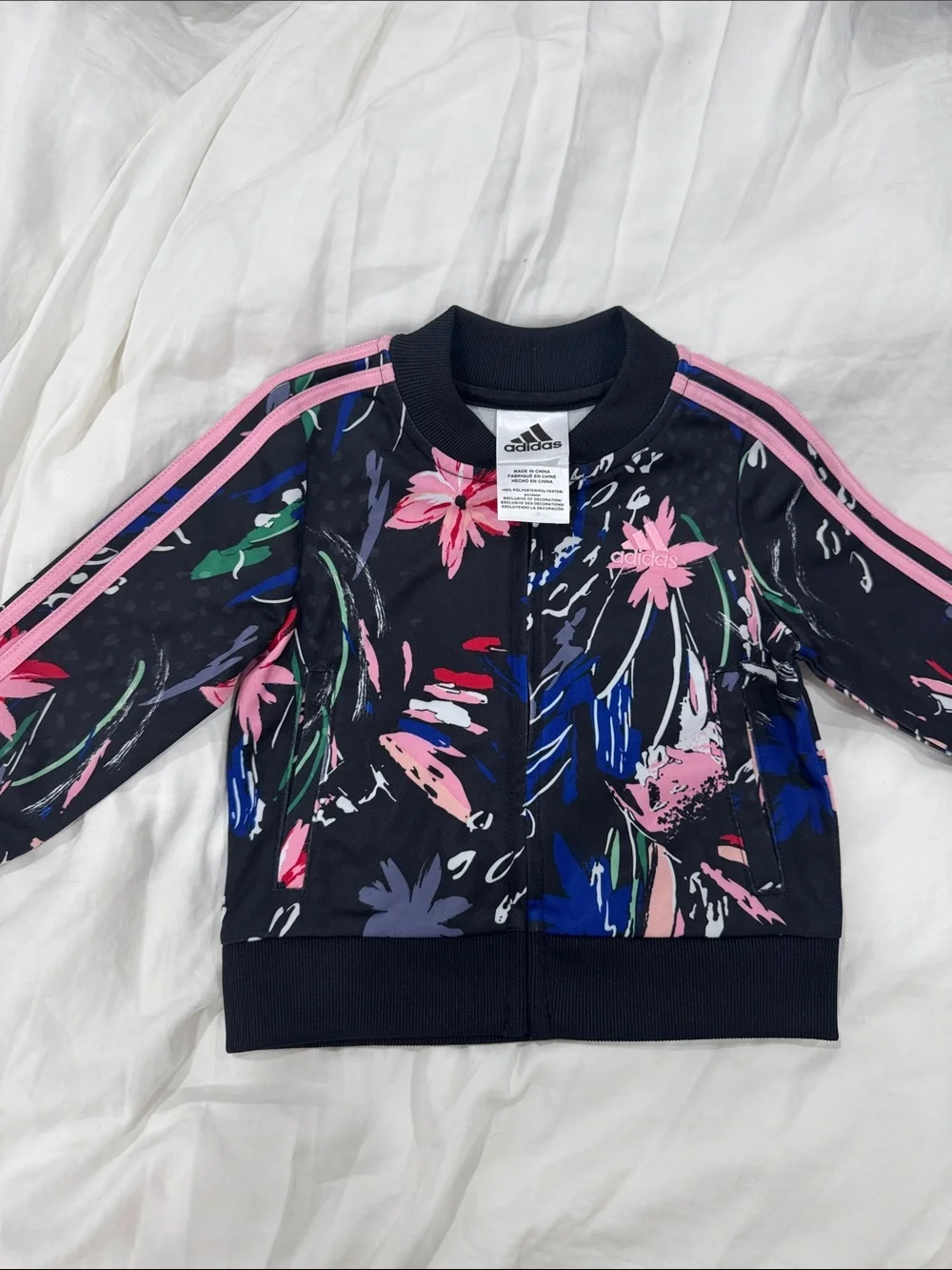 adidas Black Floral Track Jacket & Joggers with Pink Stripes